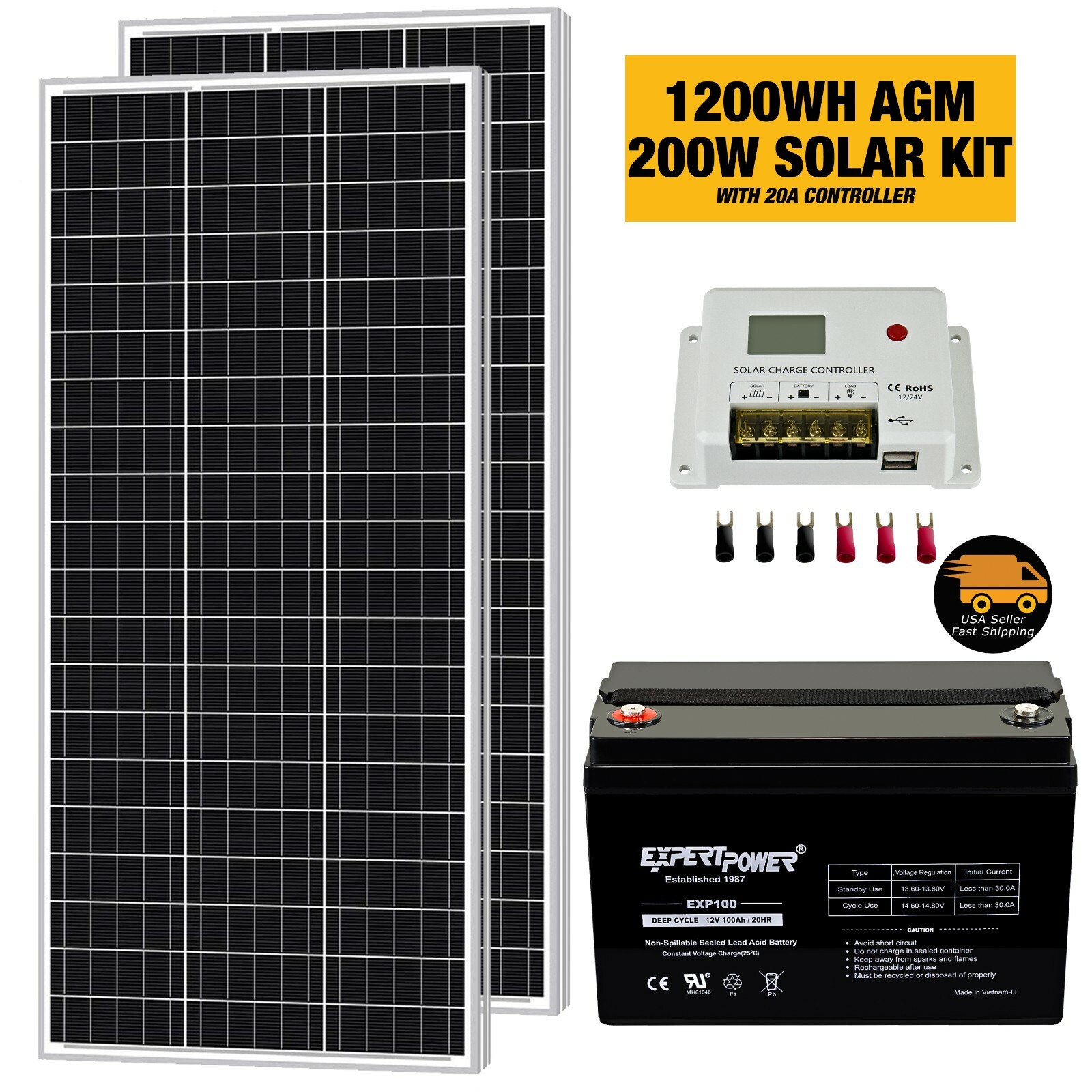 ExpertBattery 1200WH 200W 12V Monocrystalline Solar Panel Kit, Off Grid DIY