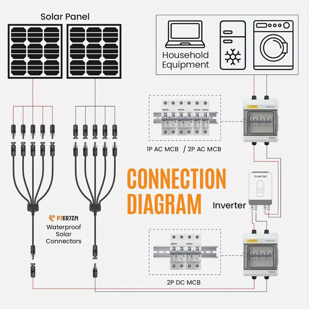 1 Pair 5 to 1 Solar Panel Splitter 4 Way 1000V Parallel Connectors IP67 Waterpro