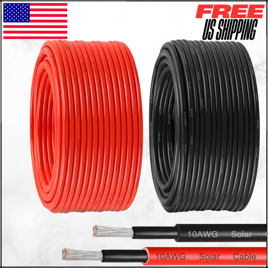 Solar Panel Wire 10 AWG 10 Gauge Tinned Copper PV Cable Black 100′ & Red 100′