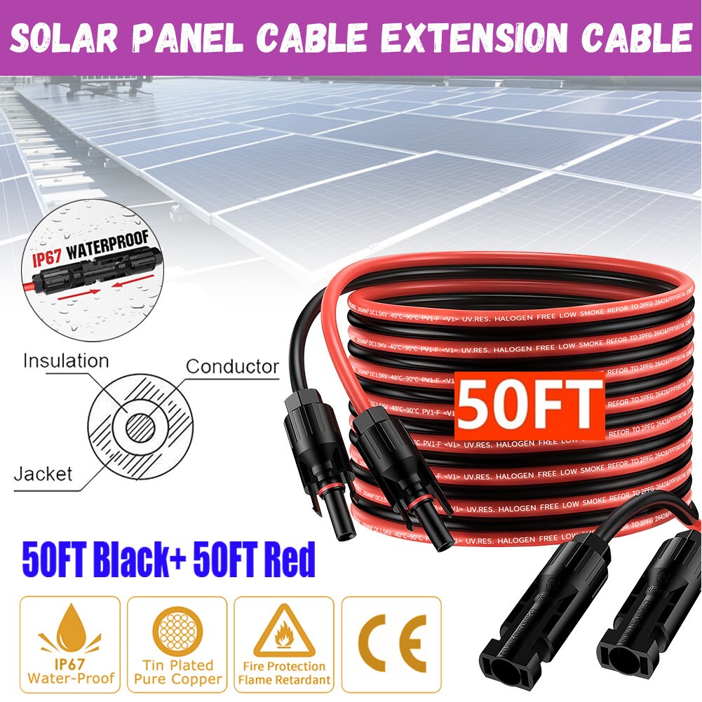 100FT 10 AWG Solar Panel Extension Cable PV Wire Solar Connectors Pair 6mm²