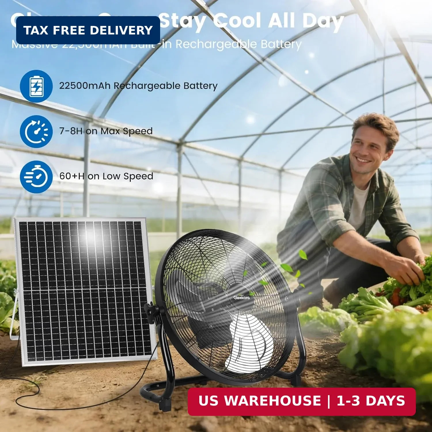 16” Solar Powered Fan with 35W Solar Panel, Rechargeable Battery Operated Floor