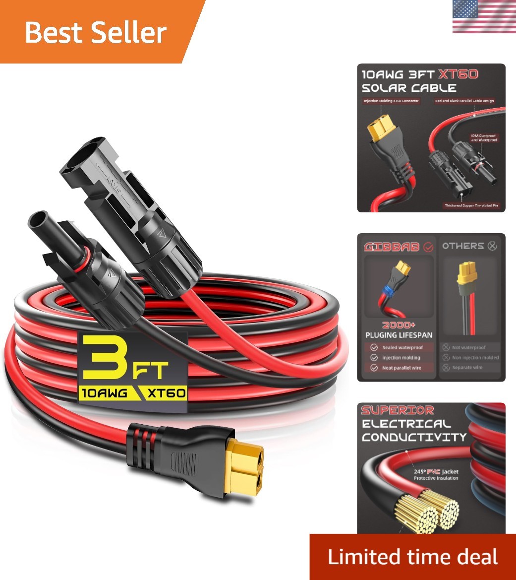 Durable 3FT 10AWG XT60 Solar Panel Extension Cable – Fast Charge & Waterproof