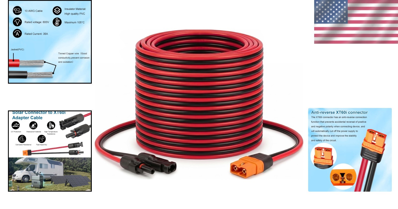 Solar Cable 10AWG 30ft XT60i Extension Heat Resistant for Power Station
