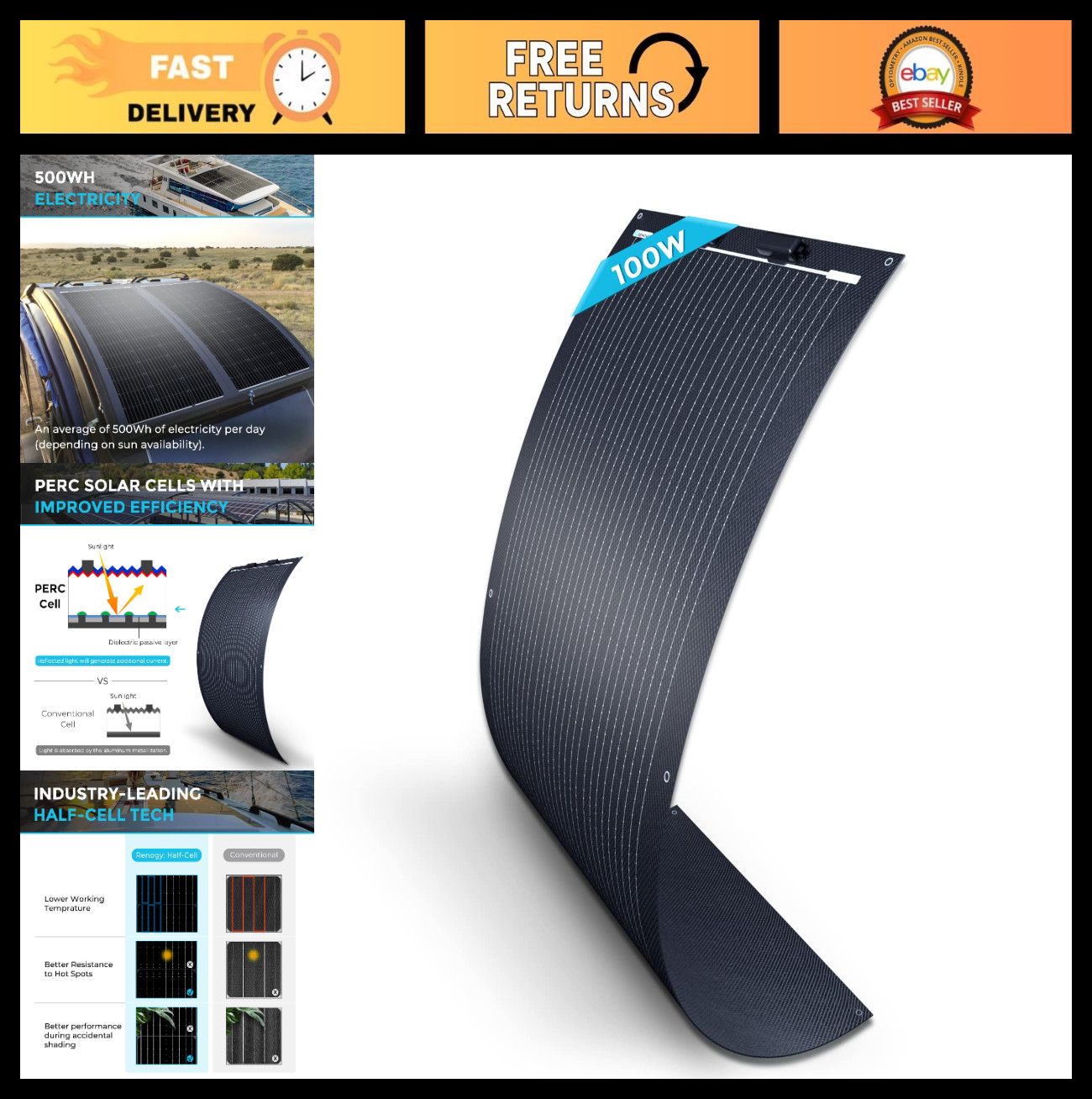 100W Flexible Solar Panel 12V – High-Efficiency 22% Ultra Lightweight for RV, Bo