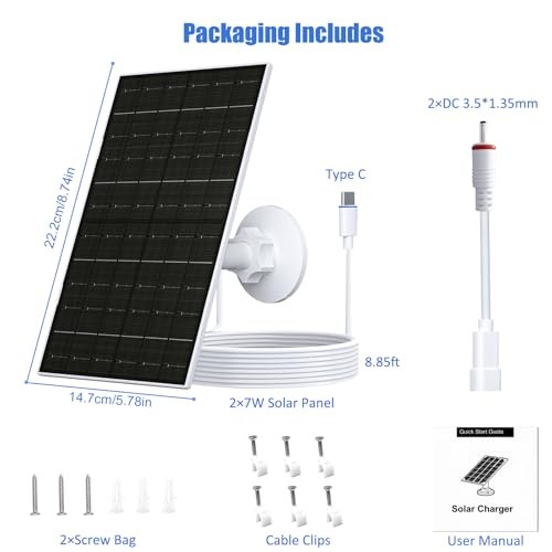 7W Solar Panel for Ring Camera, Solar Charger with USB-C & 3.5mm Ports 2 Pack