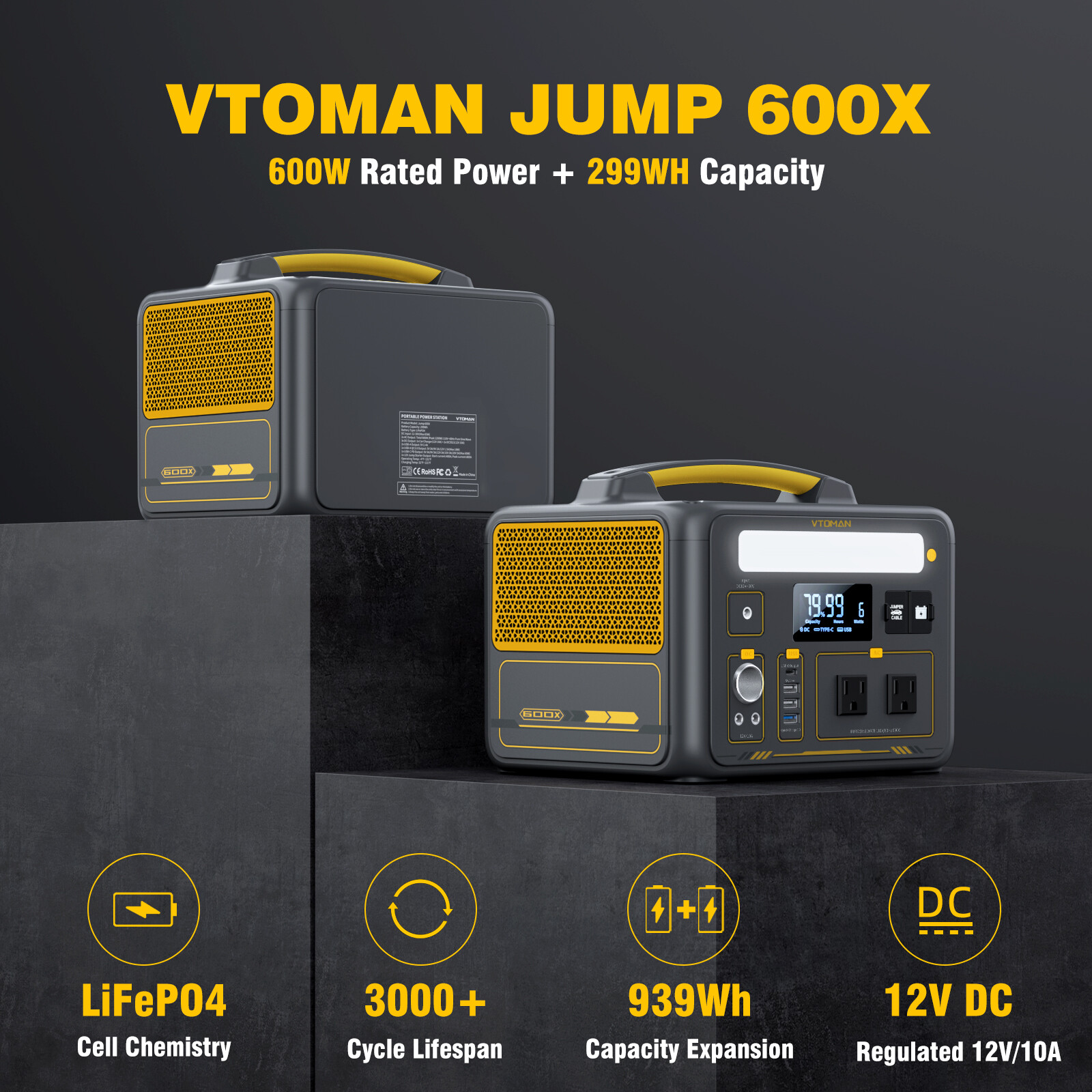 VTOMAN Jump 600X Portable Power Station 600W 299Wh LiFePO4 Battery Generator