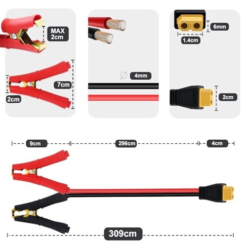 XT60 to Alligator Clip Cable 12AWG 30A XT60 Female to Alligator Clips 3 m/10 ft