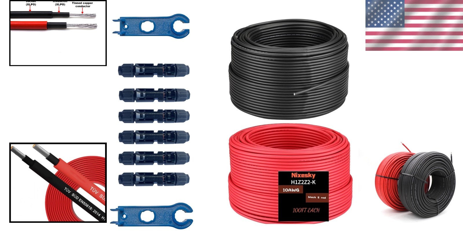 100ft Solar Panel Extension Cable 10AWG 6mm² Tinned Copper PV Cable Solar Wire