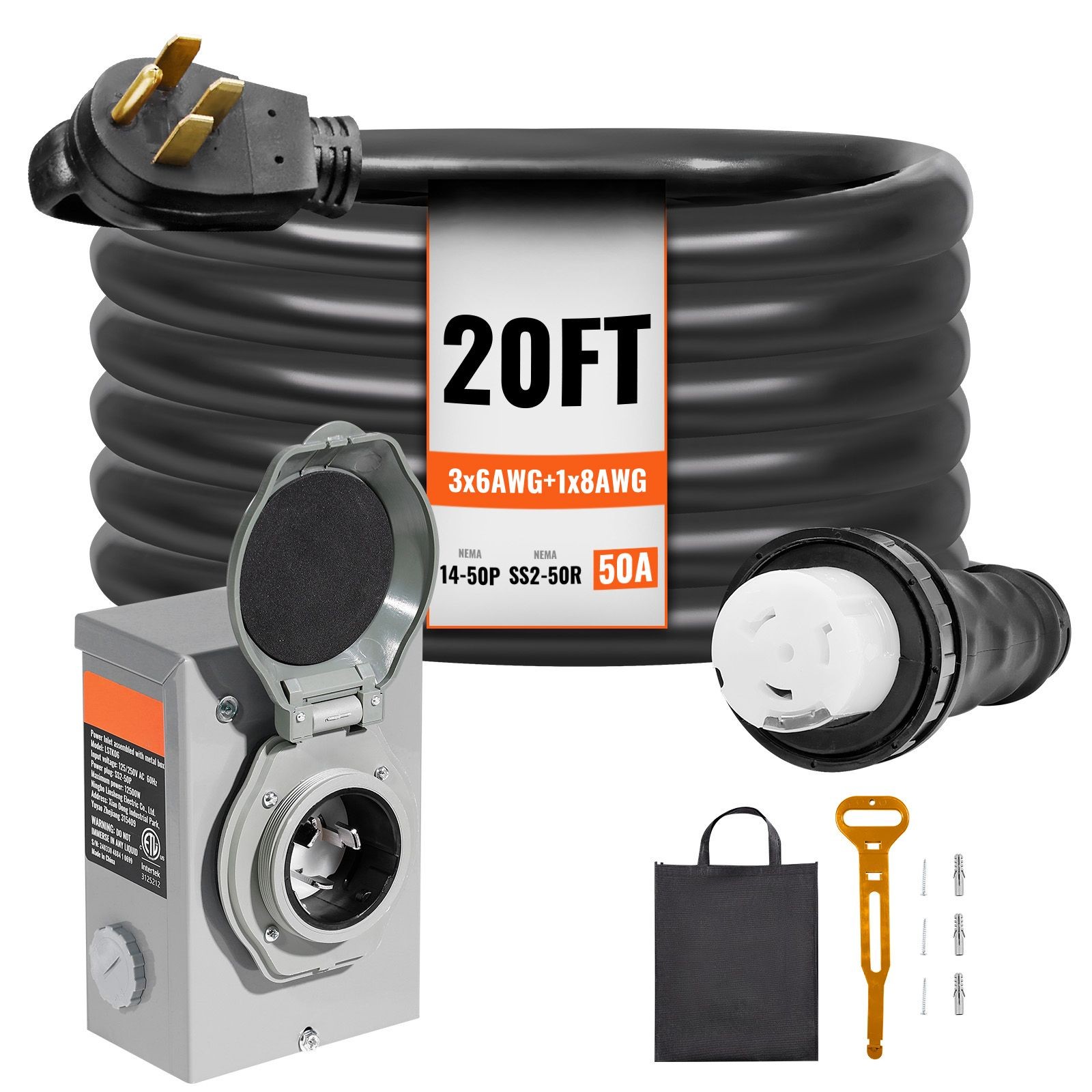 50 Amp Generator Cord and Power Inlet Box Kit, 20FT, NEMA 14 – 50P/ SS2 – 50R