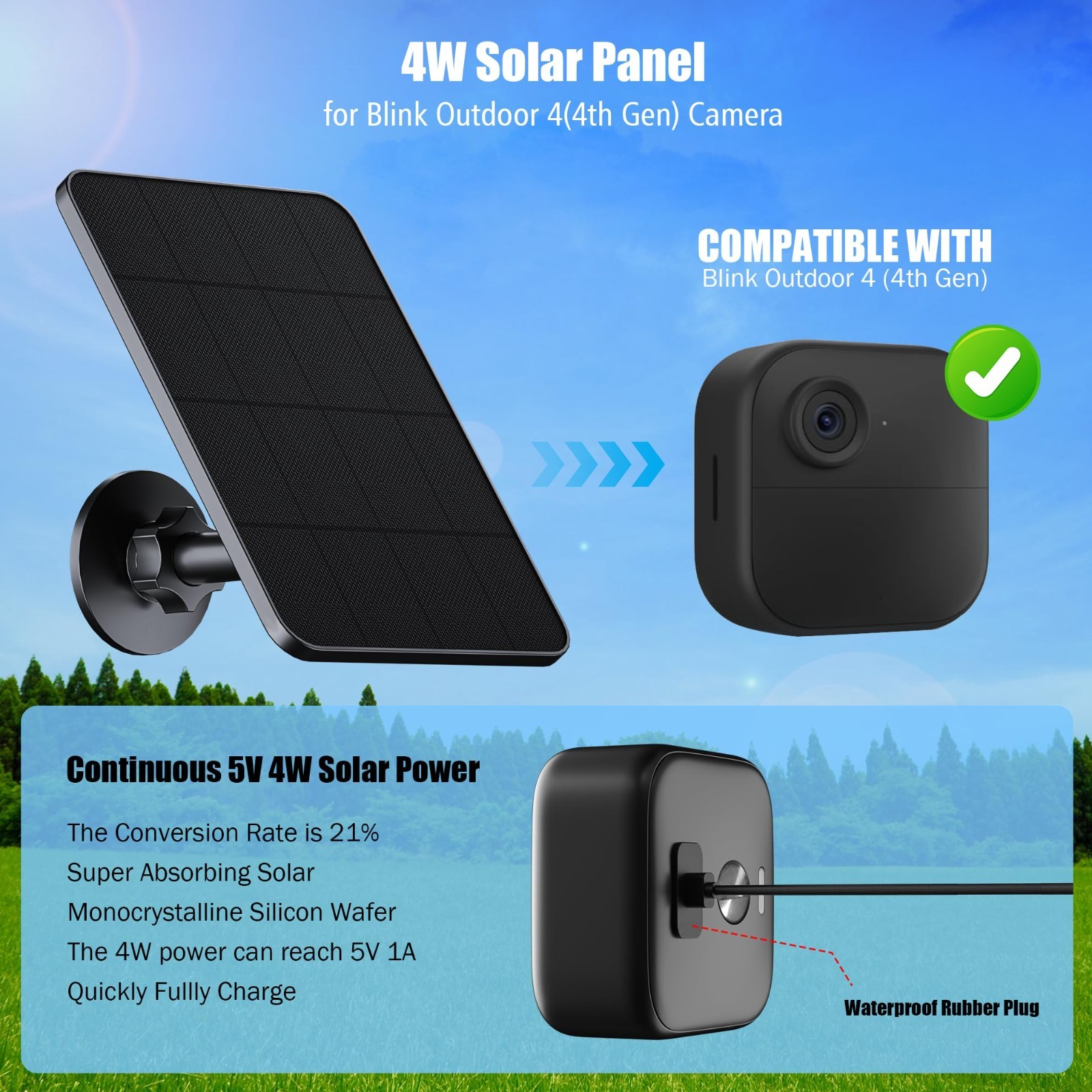 4W Solar Panel Charger for Blink Camera – IP65 Waterproof, USB-C, 13.1ft Cable,