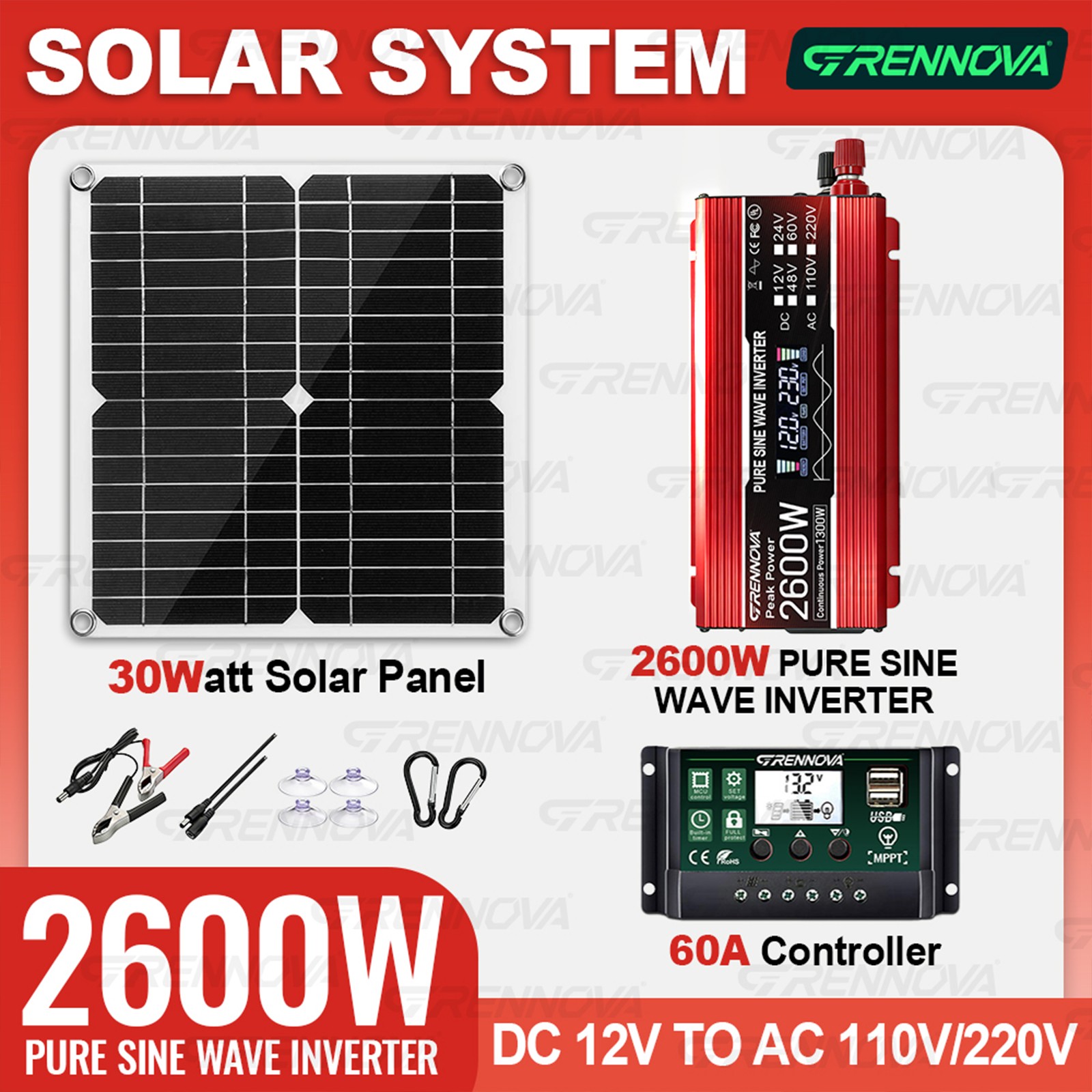 Grennova 2600W True Power Solar Kit Pure Sine 60A MPPT RV Farm Camping Use