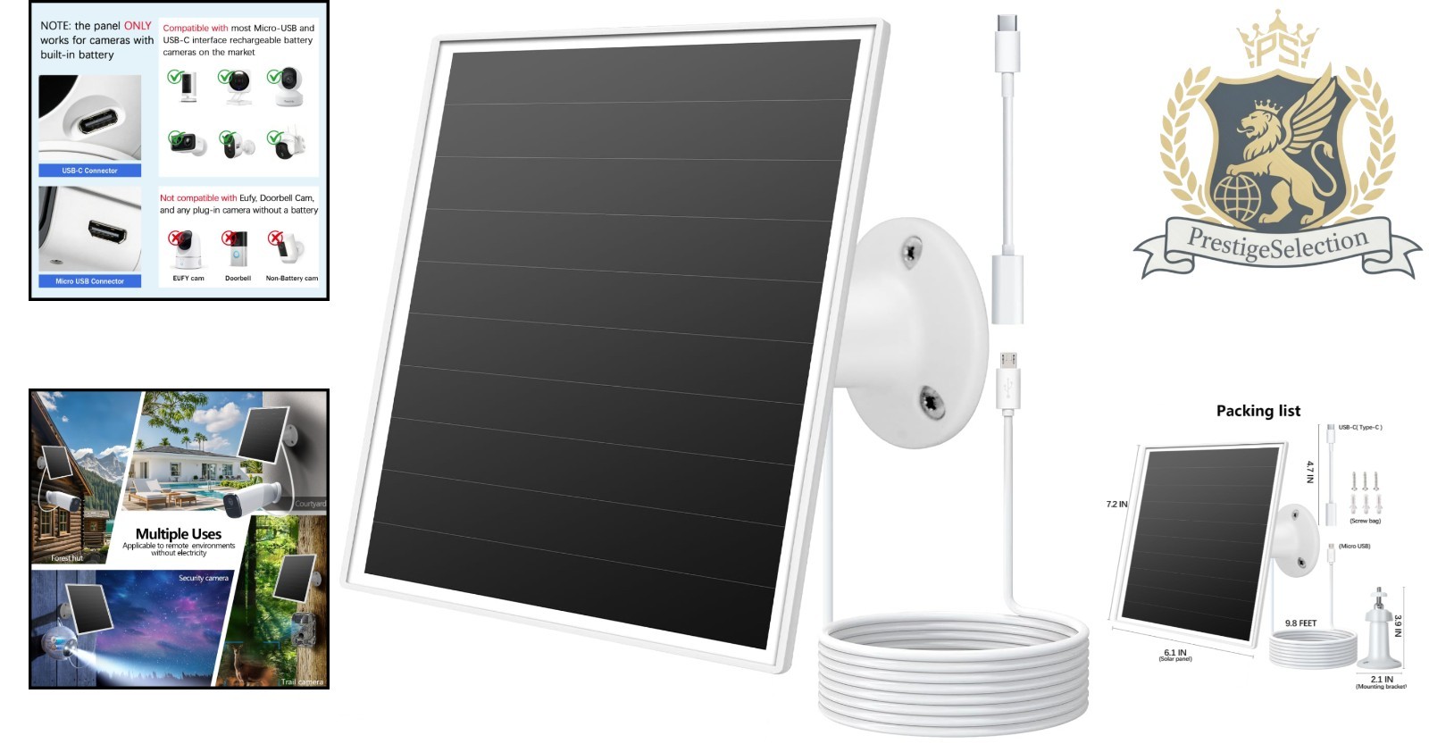 High Efficiency 6W Solar Panel for Wyze/Reolink Cameras – 360° Adjustable Mount