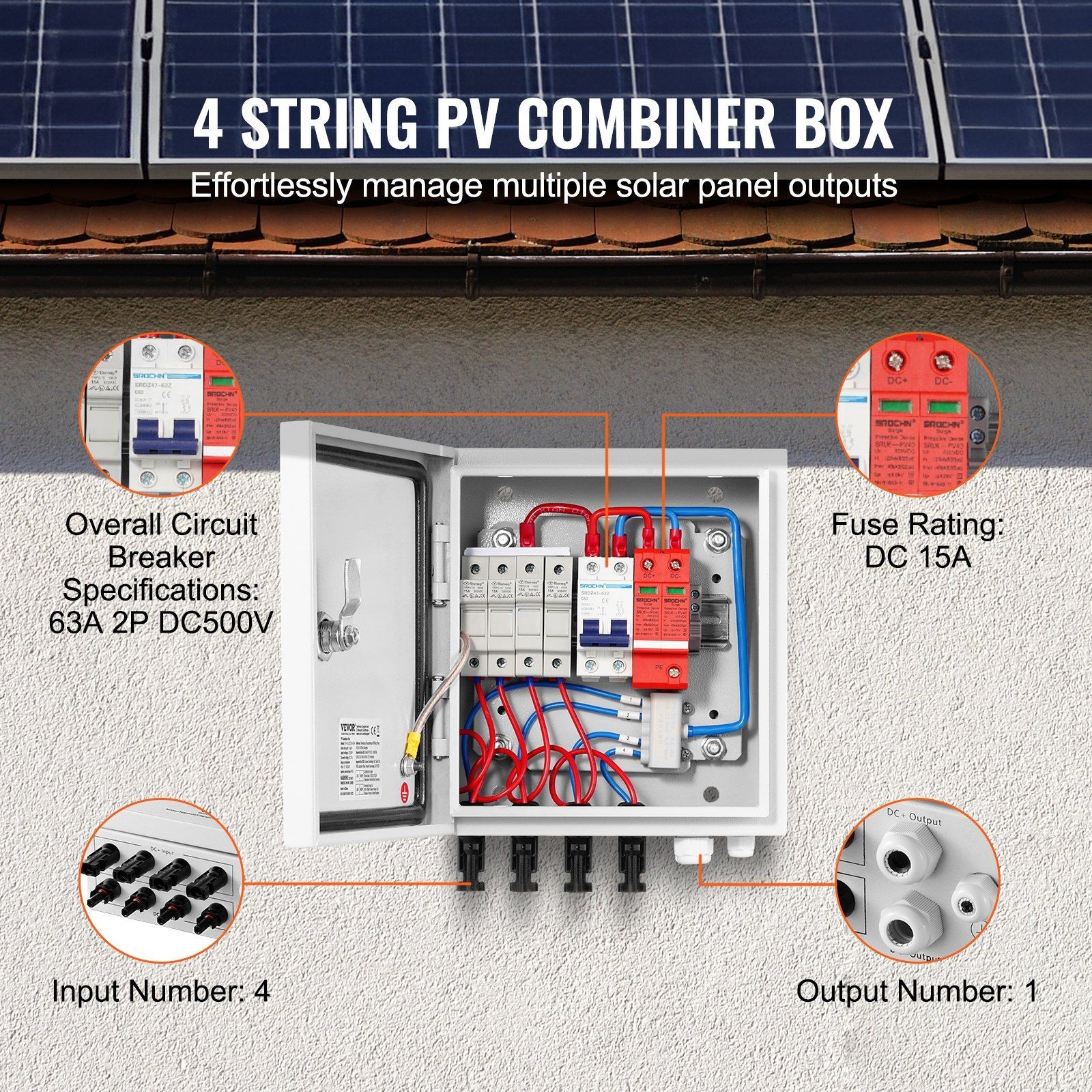 4-String 15A Solar PV Combiner Box&Steel Case IP65&Weatherproof Design