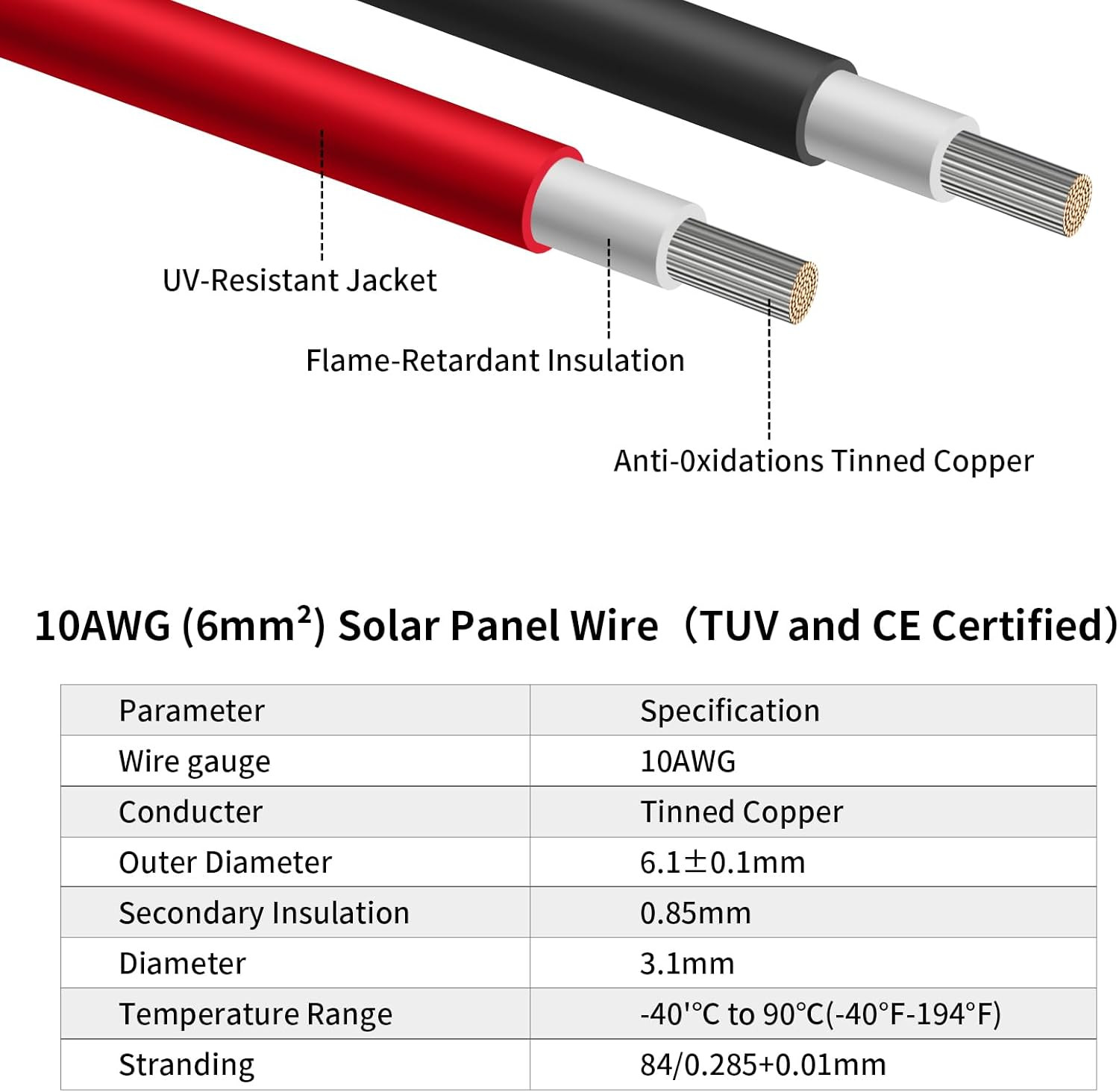 10AWG (6Mm²) Solar Panel Extension Cable 100FT – Black & Red, Heavy Duty, Weathe