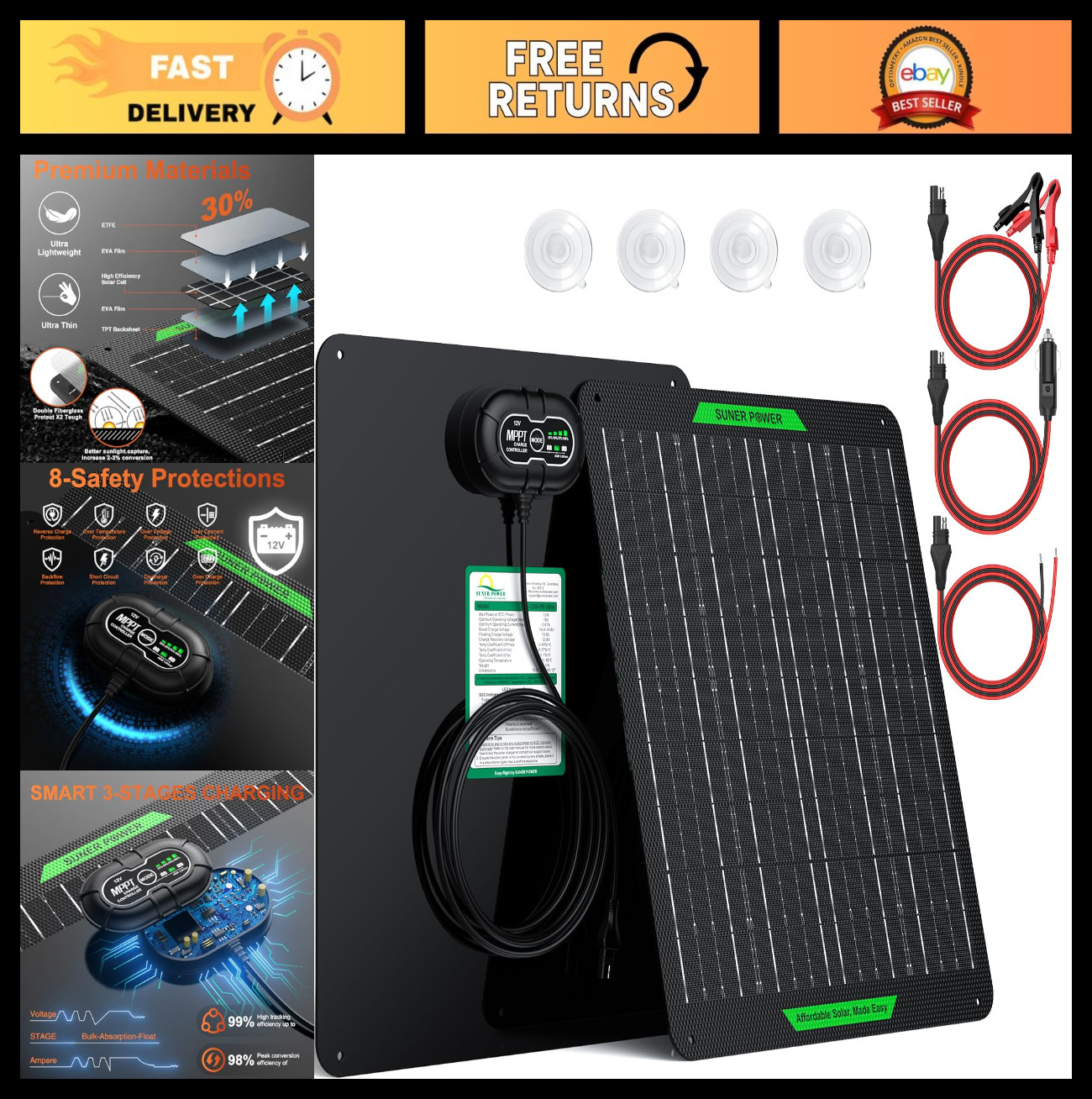 20W 12V Waterproof Solar Battery Charger & Maintainer, MPPT Controller, Trickle
