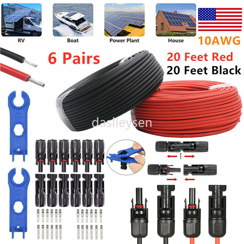 Black+Red 10 AWG Solar Panel Extension Cable Silicone Flexible Wire Connectors
