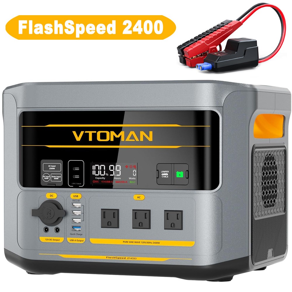 VTOMAN FlashSpeed 2400 Portable Power Station, 1408Wh LiFePO4 with Jumper Cable