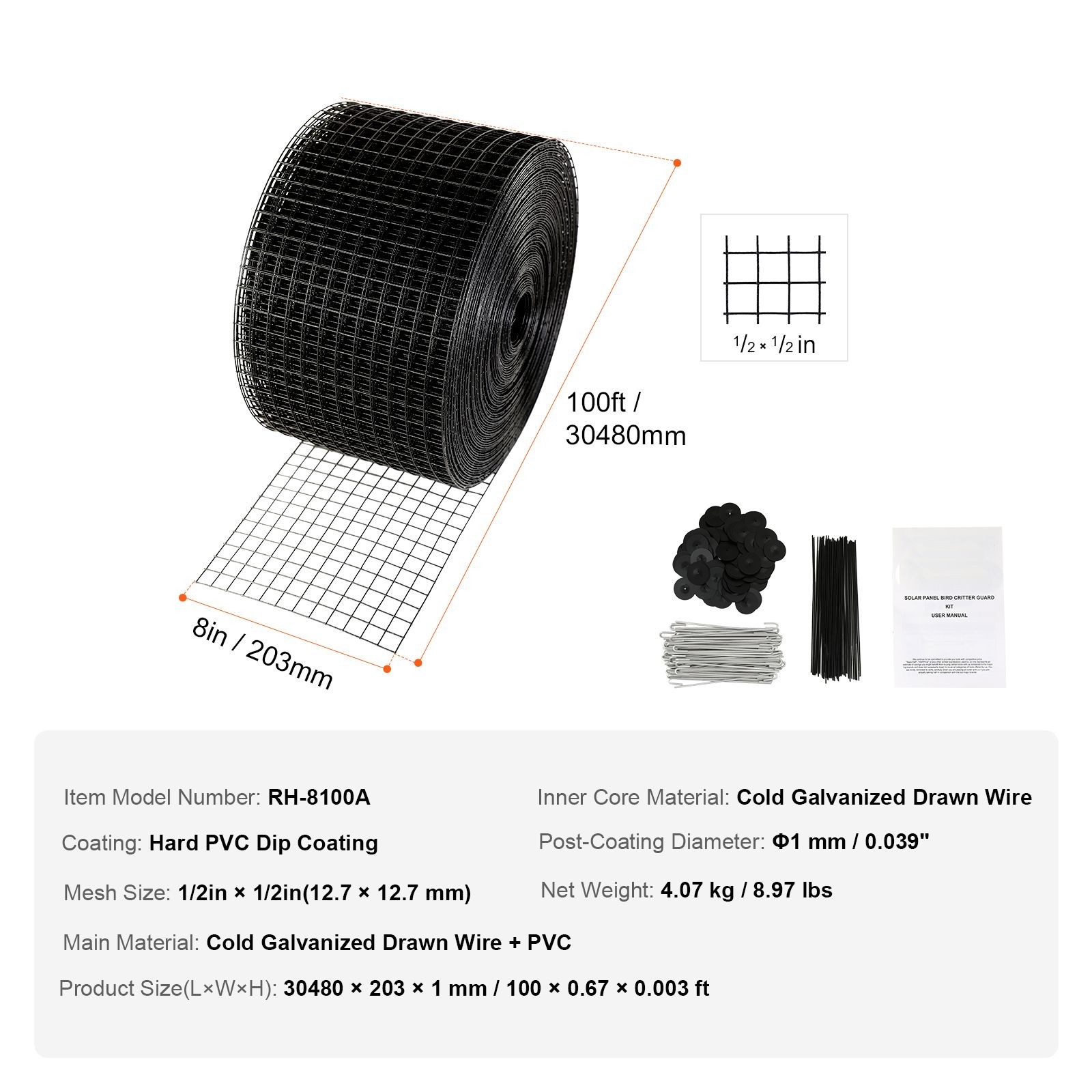 Bird & Critter Guard for Solar Panels – 8×100ft PVC-Coated Galv Mesh Roll