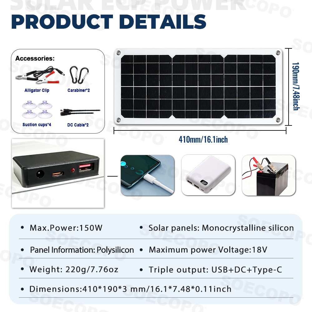 SOECOPO 150W Monocrystalline Solar Panel Kit with 30A/60A/100A LCD Controller fo