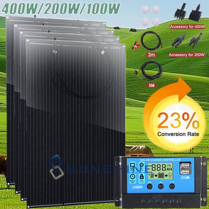 400W 200W 100W Mono Solar Panel Kit Battery Charging Home RV Off-Grid Boat Power