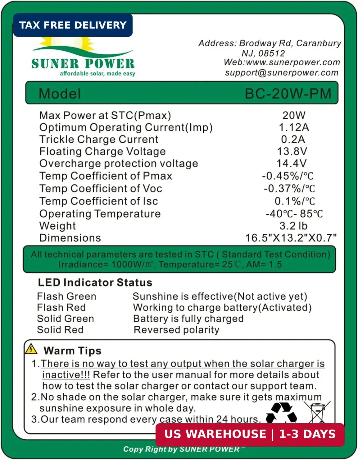 12V 20W Solar Battery Trickle Charger & Maintainer – Waterproof 20 Watt Solar Pa