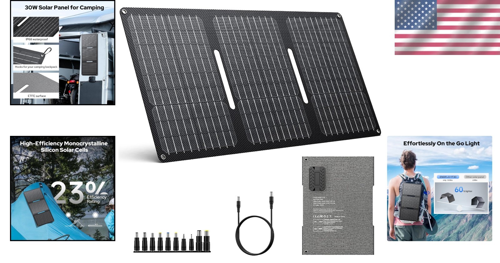 30W Solar Panel Charger with QC3.0 USB & DC Output
