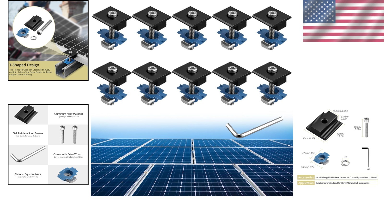 10 Pcs Versatile Solar Panel Mid Clamps – Heavy-Duty for All Roof Types in Black
