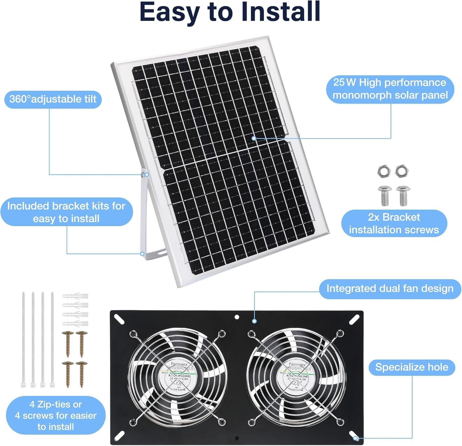 Fanspex Solar 2 Fan Kit, Waterproofed Solar Powered Fans for Outdoor Chicken Coo