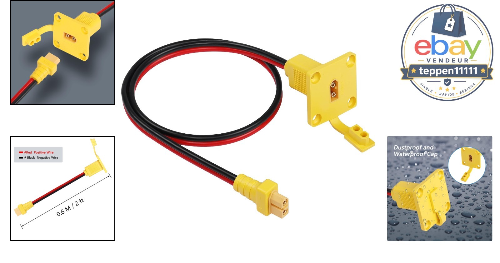 XT60 Male to Female Panel Cable 12AWG 2FT for RC Lipo Battery