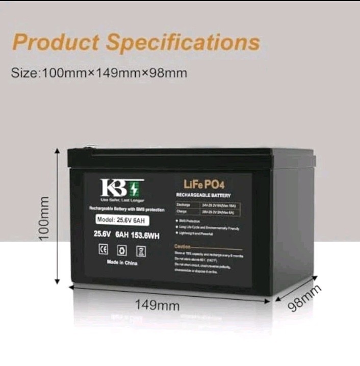 KBT 25.6V 6Ah Deep Cycle Rechargeable LiFePO4 Lithium Battery with Charger New