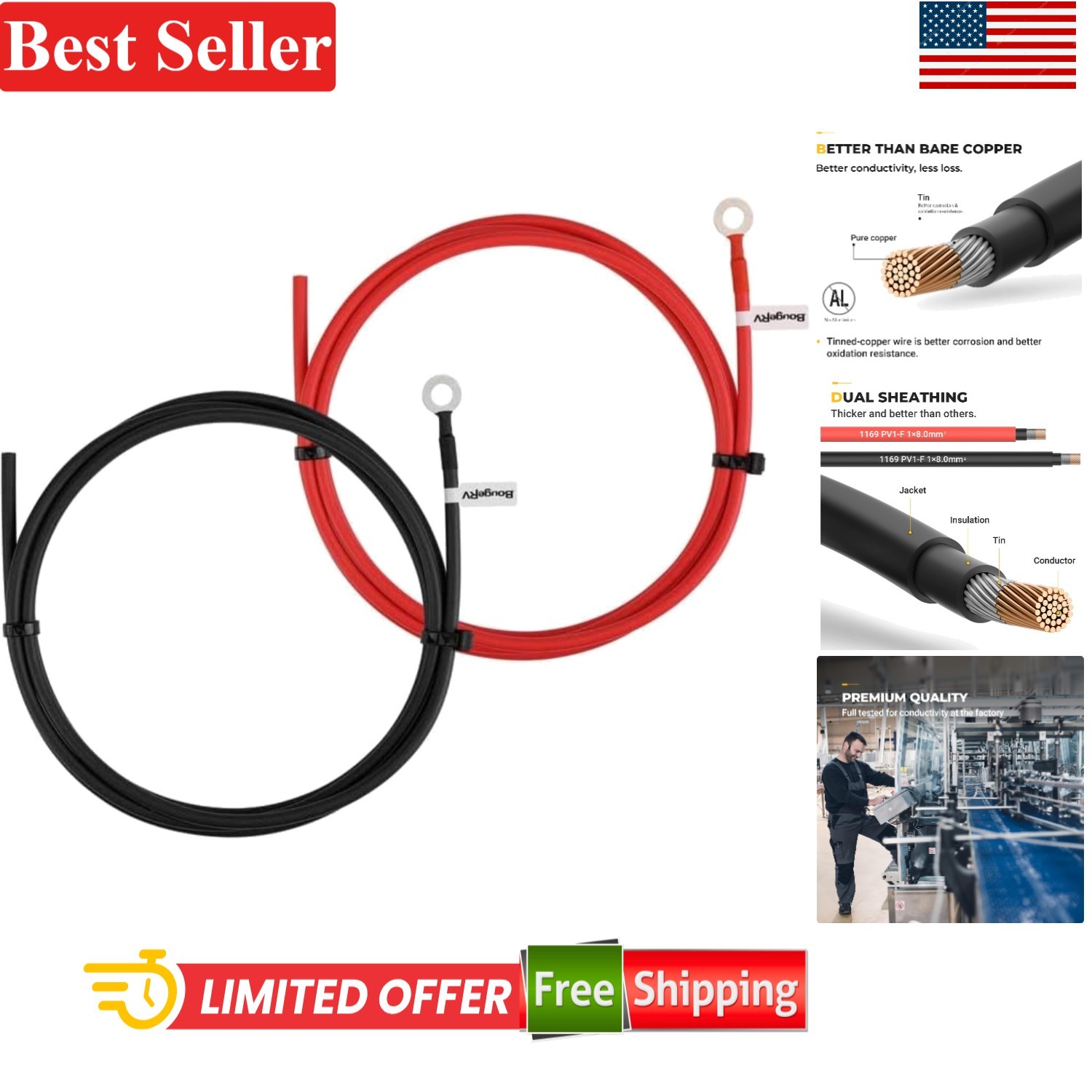 10AWG Solar Battery Connector – 8ft Male to Female Extension Cable, Pure Copper