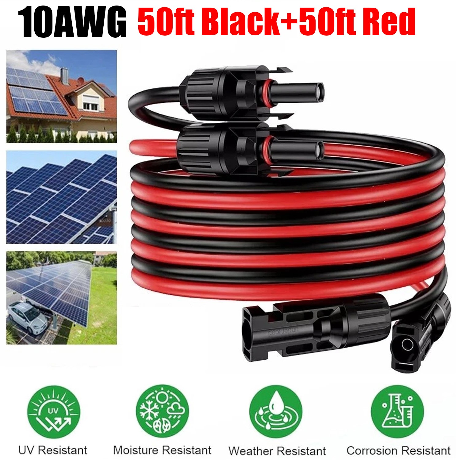 50ft Black + Red 10AWG Solar Panel Extension Cable Flexible Wire Connectors 6mm²