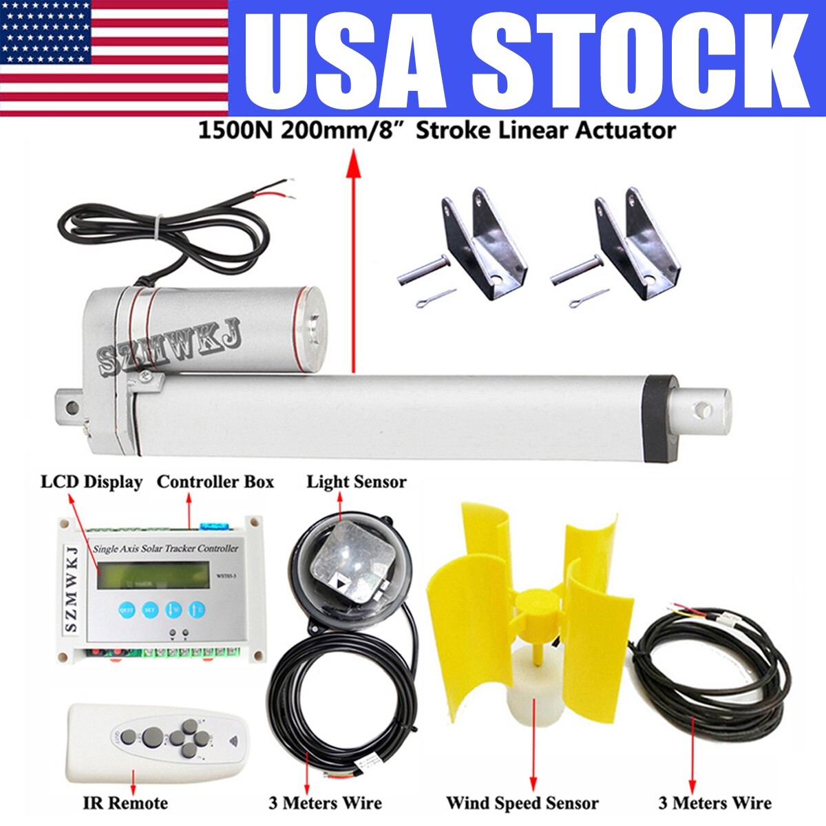 12V Single Axis Solar Tracker W/ 8″ Linear Actuator Electric LCD Controller Kit