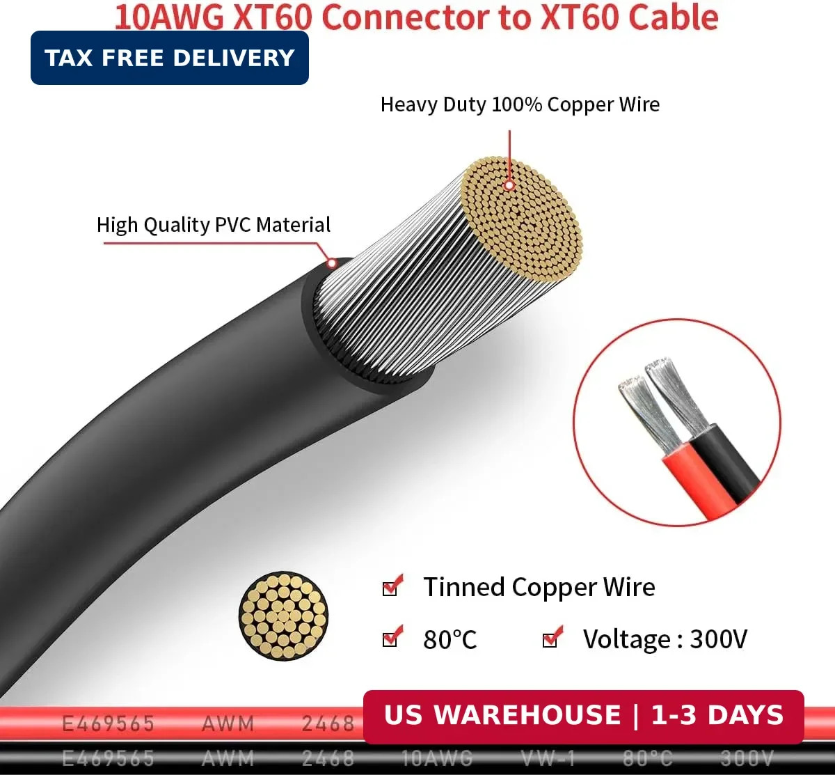 ELFCULB 10AWG 2FT XT60 Extension Cable 2 6 10 20 35 50 75 100FT XT60 Female to M