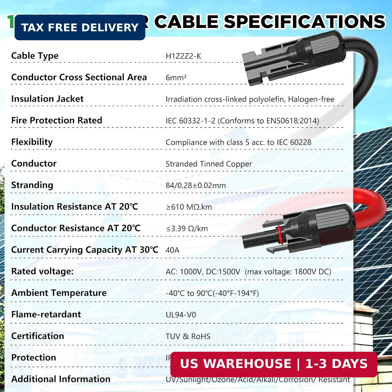 Oududianzi Solar Extension Cable 50Ft, Solar Wire 10AWG, 10 Gauge Tinned Copper