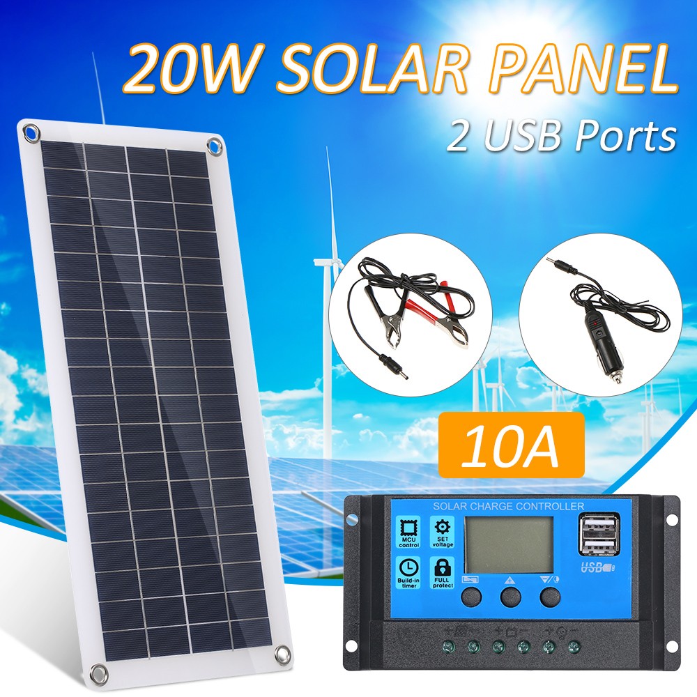 1-DC 5V/18V Dual Output 20W Solar Panel With 2 USB Ports & Car Charge IP65 WHHP