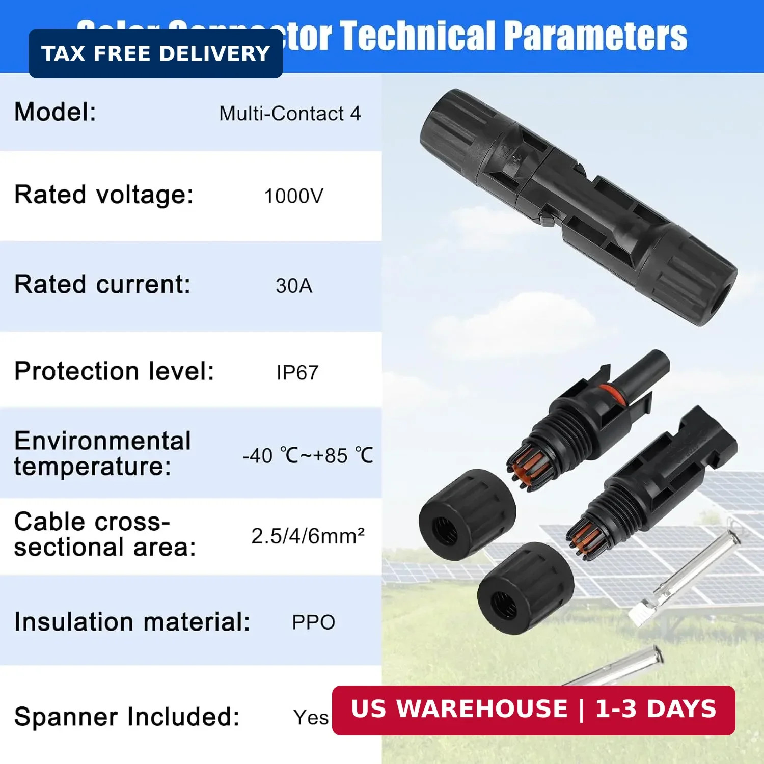 MC4 Solar Panel Connectors, 6 Pairs Male/Female Solar Panel Cable Connectors, 2