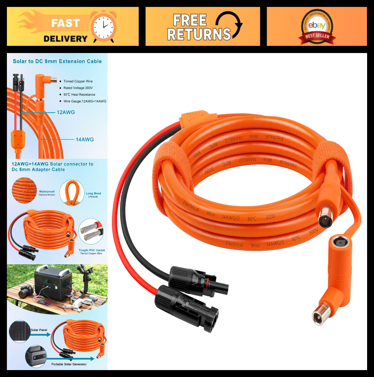 6FT Solar Panel DC 8mm Adapter Cable, Tinned Copper Wire, Compatible with Power