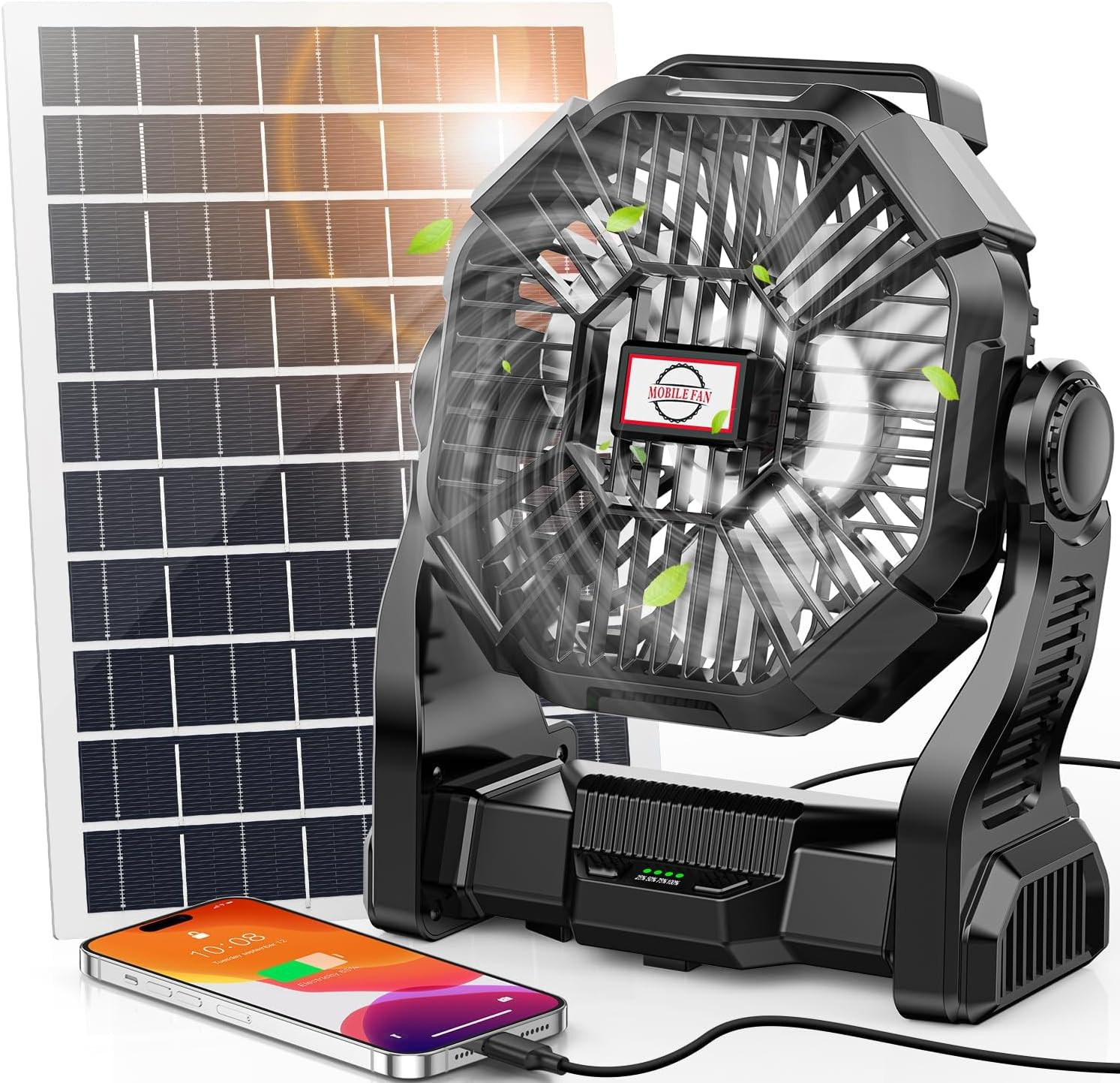 30000Mah Solar Fan with LED Lantern, 10W Solar Panel Rechargeable Battery Powere