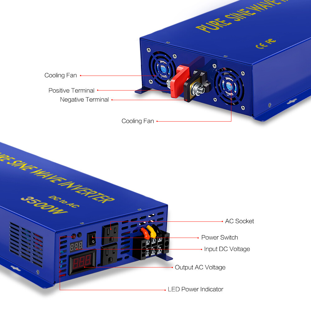 48V Pure Sine Wave Inverter 3500W 110V 120V 7000W Surge Car Truck Motor Solar RV
