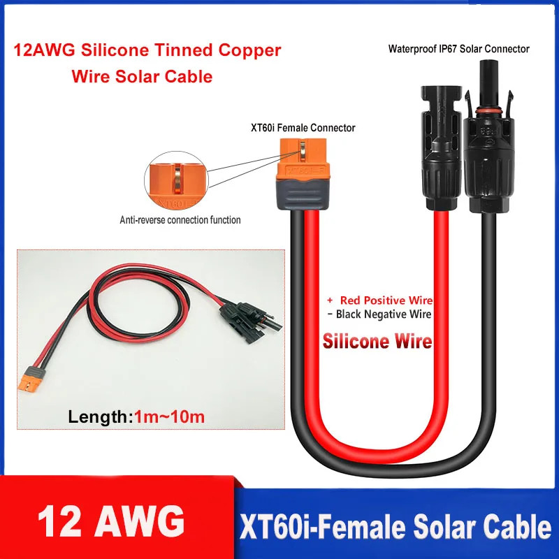 12 AWG Solar to Xt60I Cable 1M~10M (3.2Ft~32.8Ft) Solar Connector to Xt60IF Adap