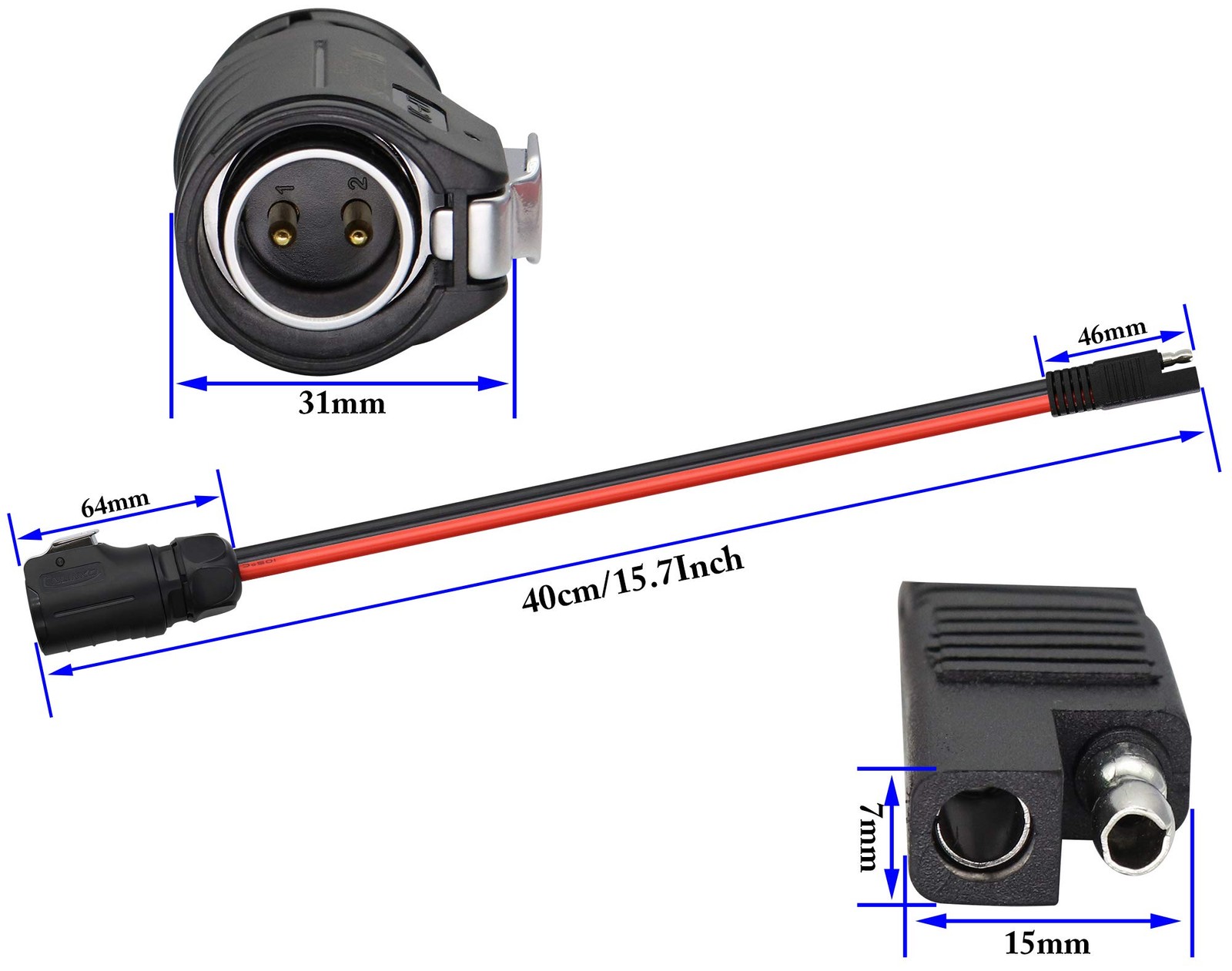 2 Pin Power Industrial Circular Connector to SAE Cable for Solar Panel Suitca…
