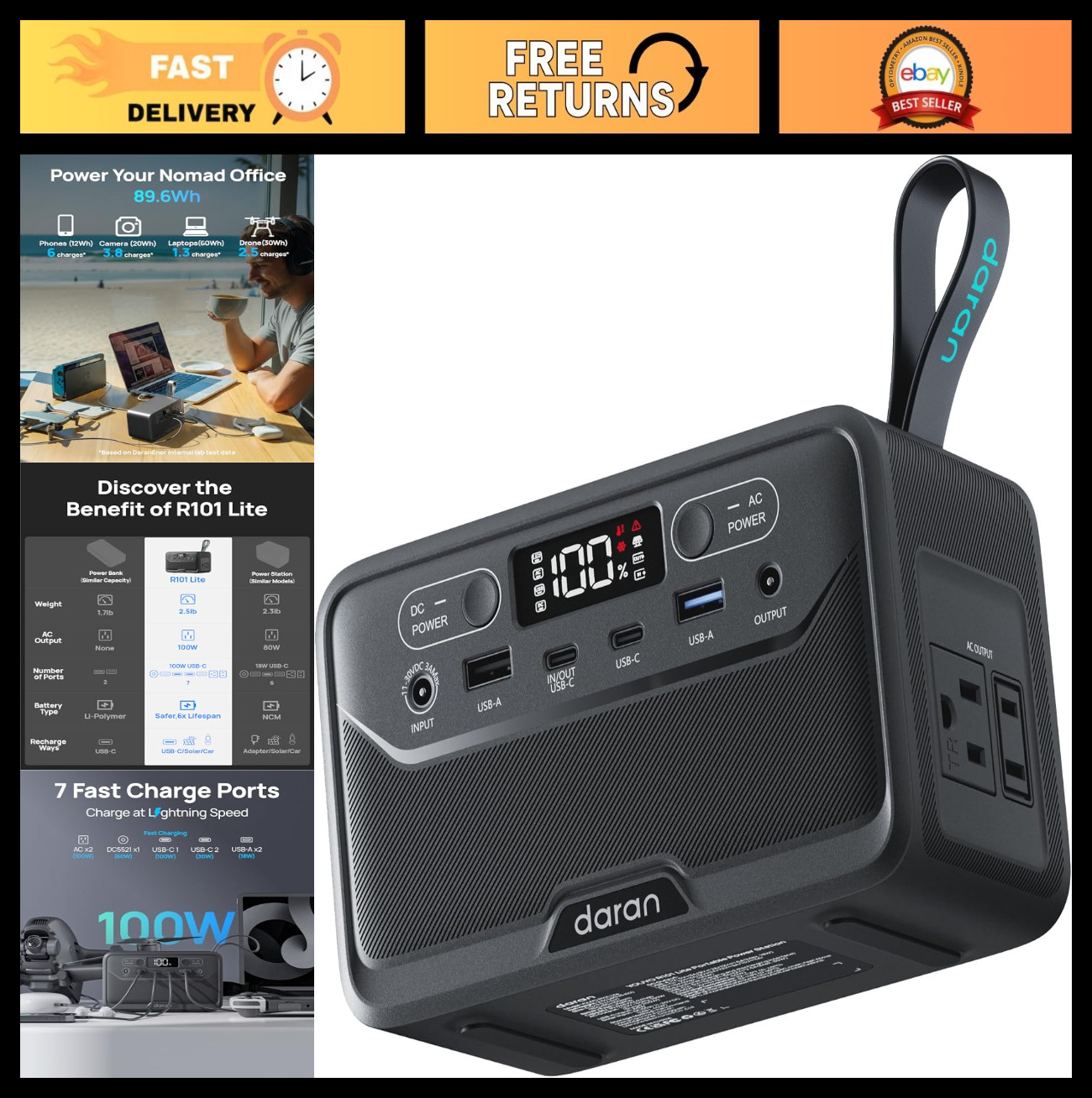 Portable Power Station 89.6Wh, Solar Power Bank 100W AC Outlet, USB-C Fast Charg