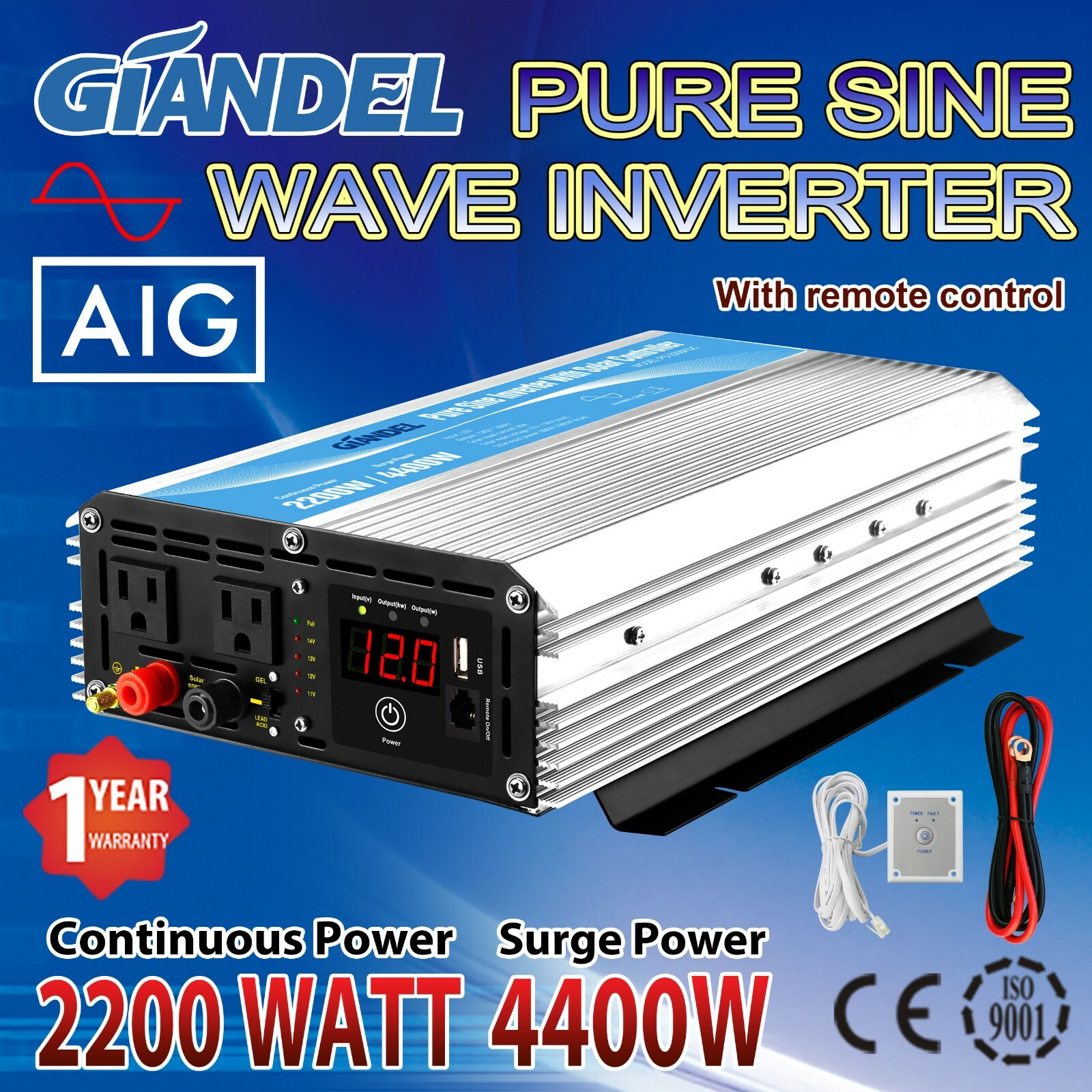 Pure Sine Power Inverter 2200W 12V/120V 20A Solar Controller USA Transistor