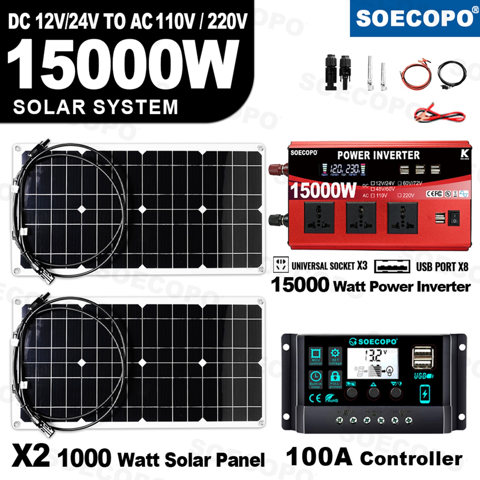 15000W Peak Solar System Kit 2pcs Flexible Panel DC12V/24V AC110V/220V Inverte9z