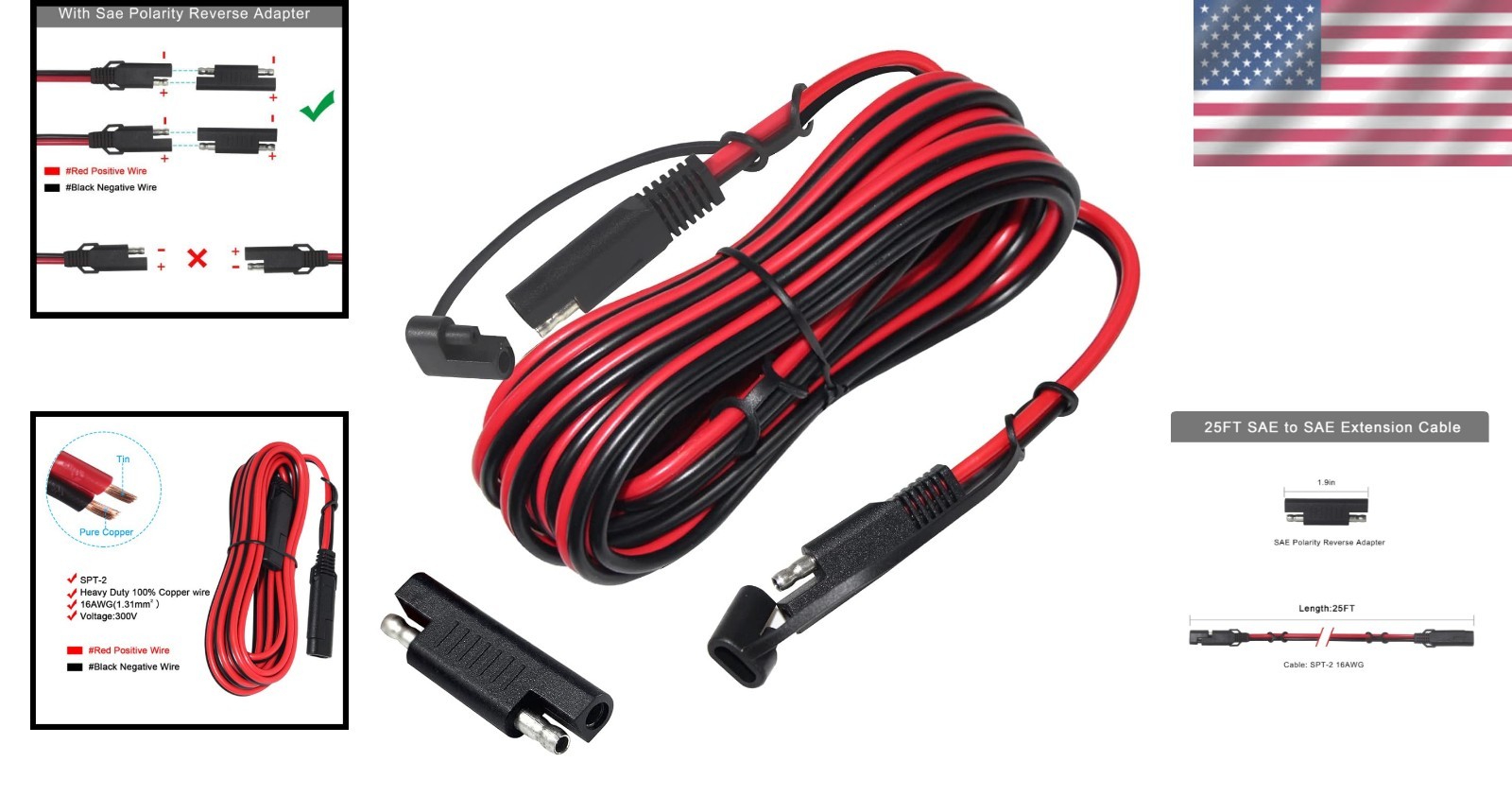 Weatherproof 25FT SAE Extension Cable with Polarity Reverse Adapter for Easy Use