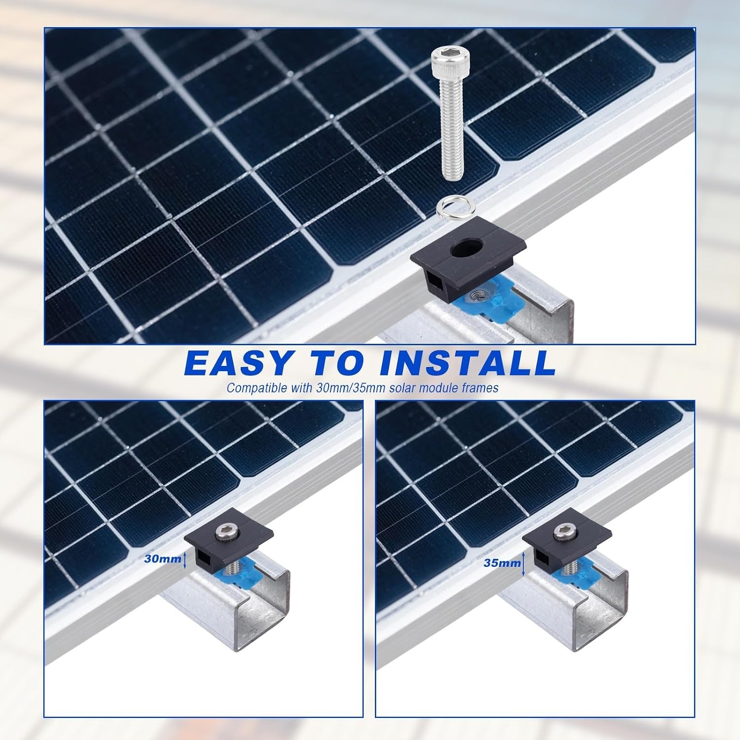 10pcs Solar Panel Mid Clamps for Unistrut, 30mm/35mm Aluminum Mounting Bracke…