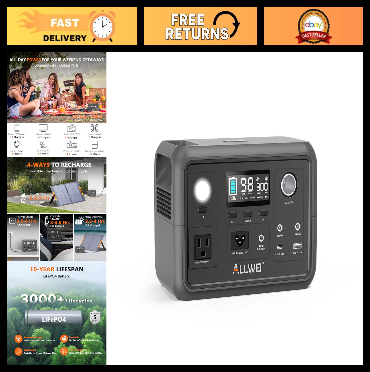 Portable Power Station 300W, 256Wh LiFePO4 Battery, Solar Generator, 6 Output Po