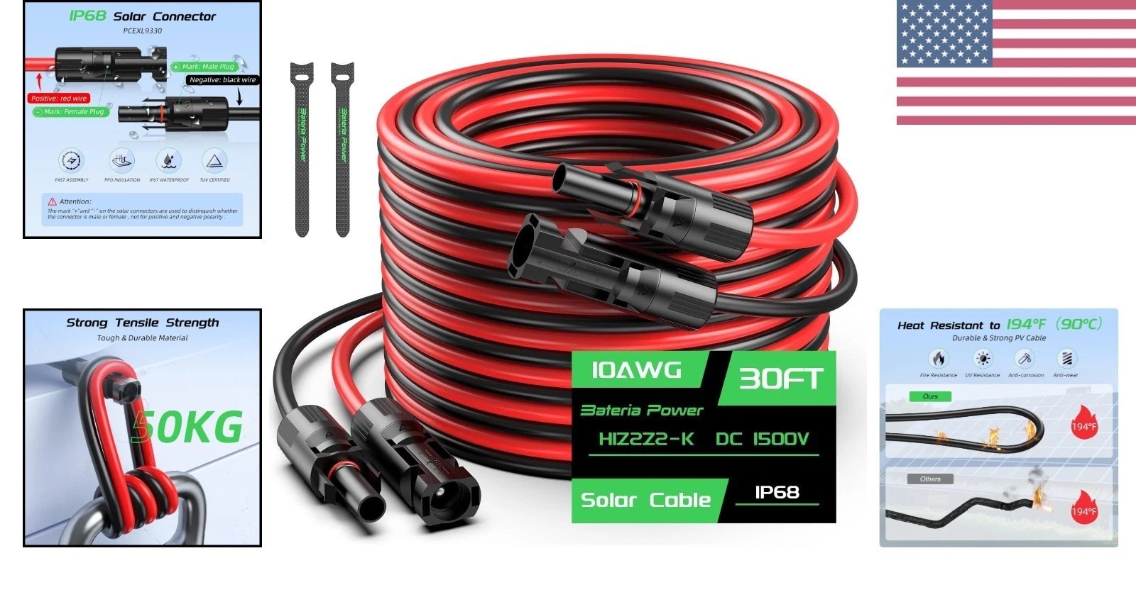 30FT 10AWG Solar Cable with Male & Female Connectors – Eco-Friendly
