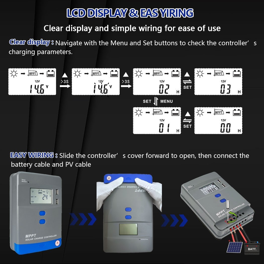 1040W 40A MPPT Solar Charge Controller 12V 24V Battery Regulator LCD MAX PV 75V